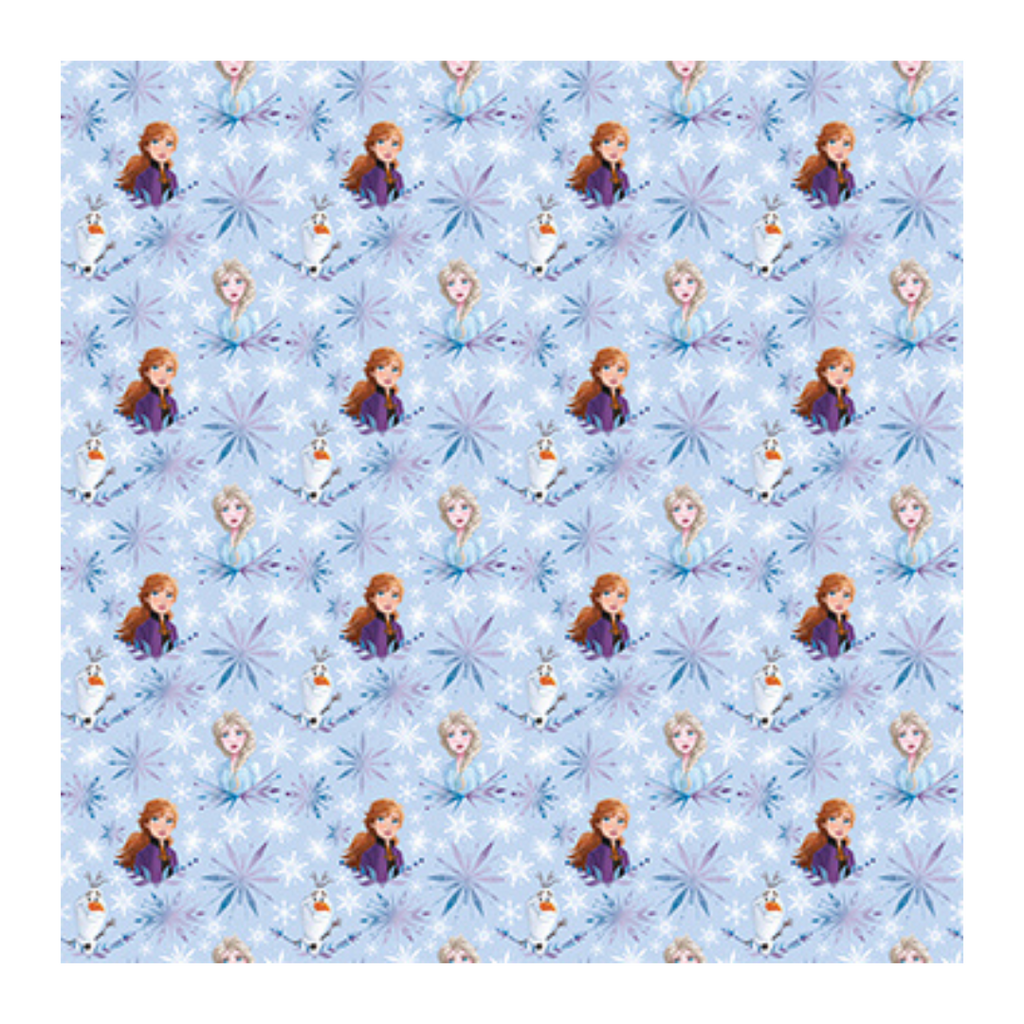 Blue Frozen wrapping paper with Anna Elsa Olaf and snowflakes birthday theme from Parte Haus party supply store in Bethesda Maryland.