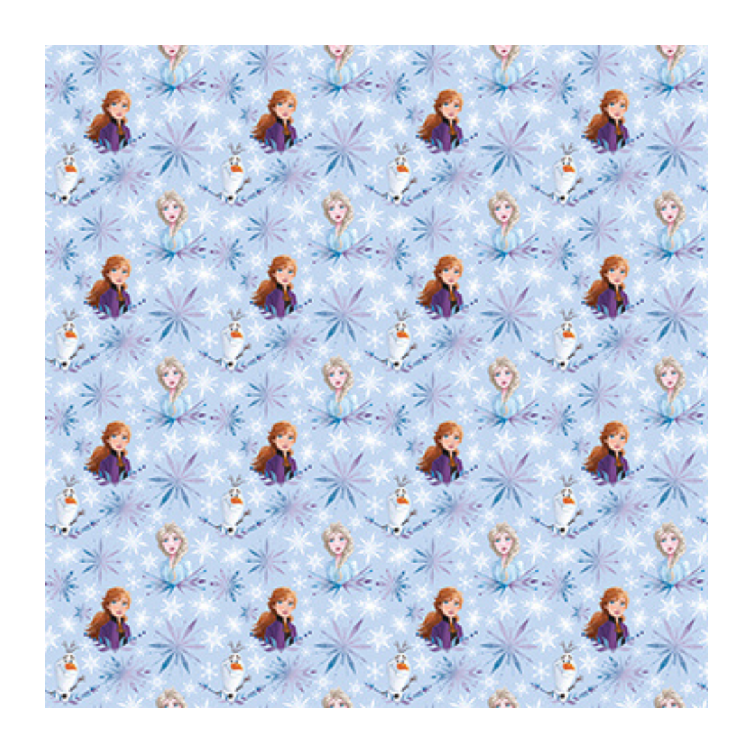 Blue Frozen wrapping paper with Anna Elsa Olaf and snowflakes birthday theme from Parte Haus party supply store in Bethesda Maryland.