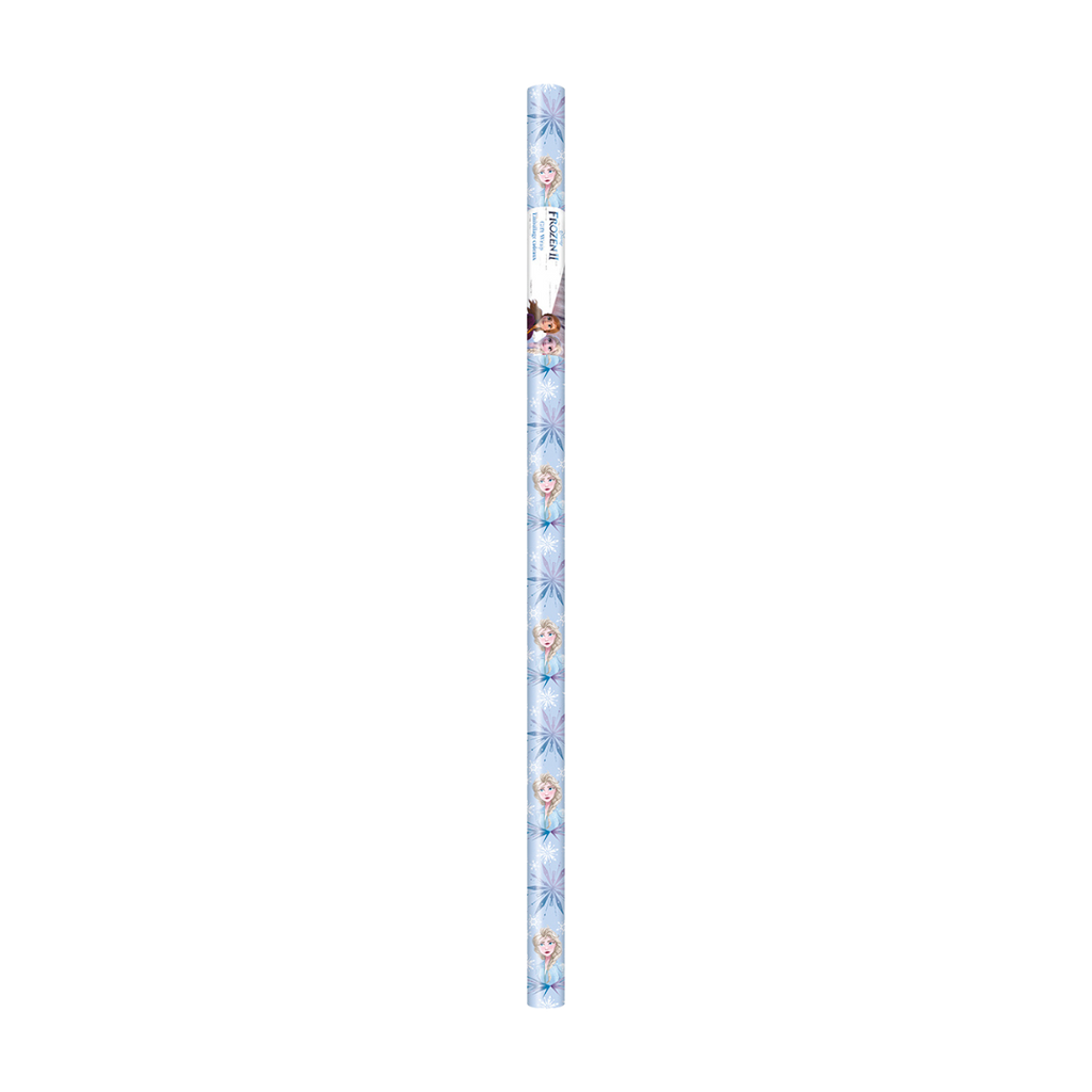 Light blue Frozen themed wrapping paper roll with snowflake and character design birthday from Parte Haus party supply store in Bethesda MD