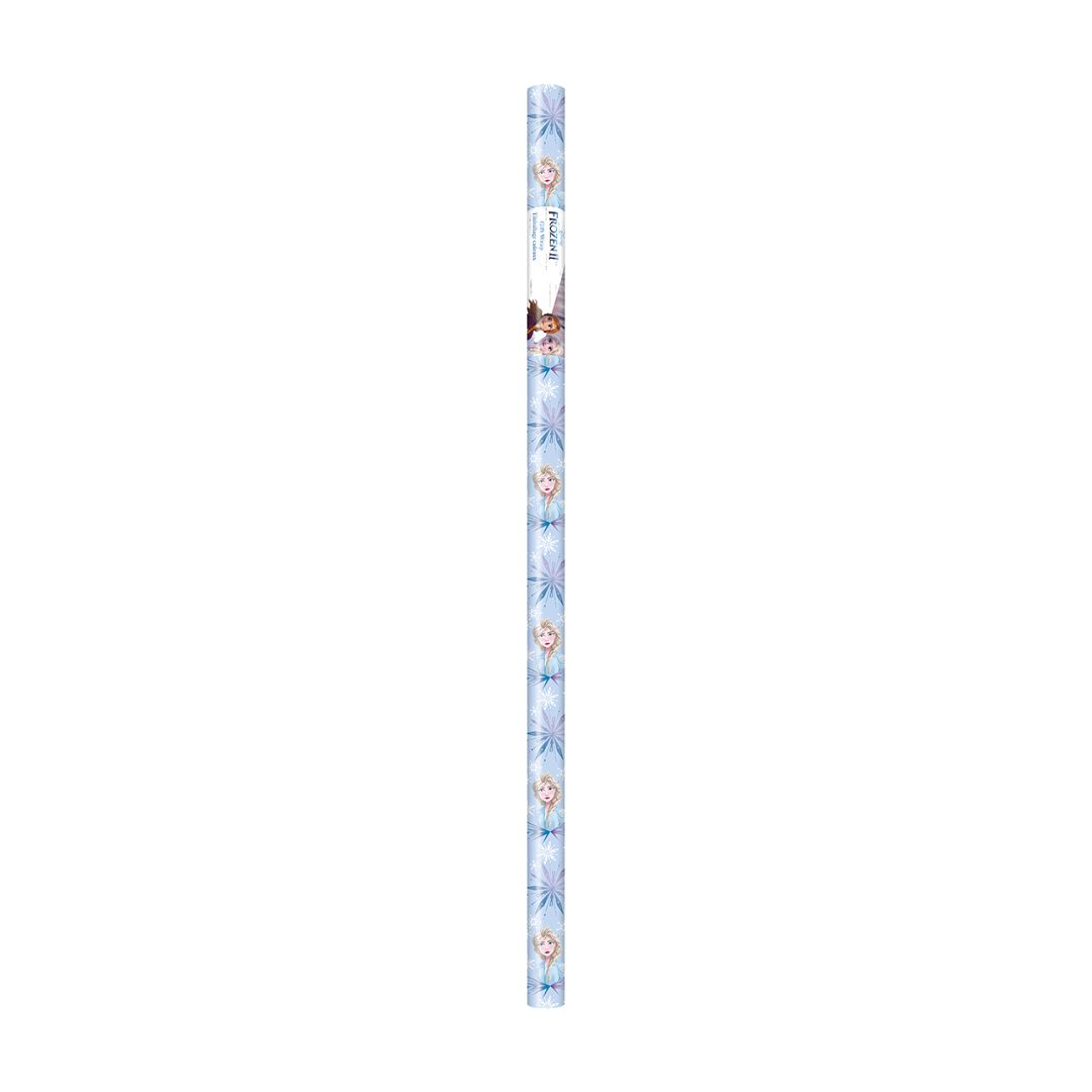 Light blue Frozen themed wrapping paper roll with snowflake and character design birthday from Parte Haus party supply store in Bethesda MD
