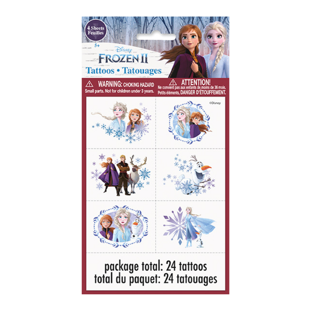 Frozen themed temporary tattoos with Elsa Anna Olaf cartoon characters birthday from Parte Haus party supply store in Bethesda Maryland