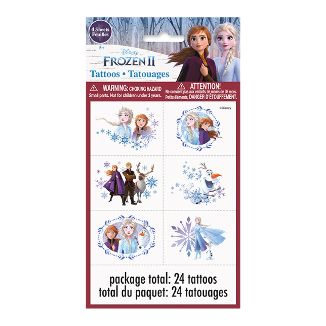Frozen themed temporary tattoos with Elsa Anna Olaf cartoon characters birthday from Parte Haus party supply store in Bethesda Maryland