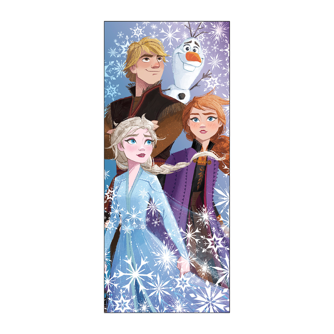 Blue Frozen themed table cover with snowy characters for kids birthday from Parte Haus party supply store in Bethesda Maryland