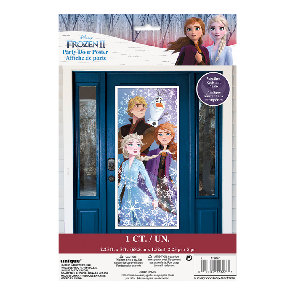 Blue Frozen 2 party door poster with Elsa Anna Kristoff and Olaf for birthday theme from Parte Haus party supply store in Bethesda Maryland