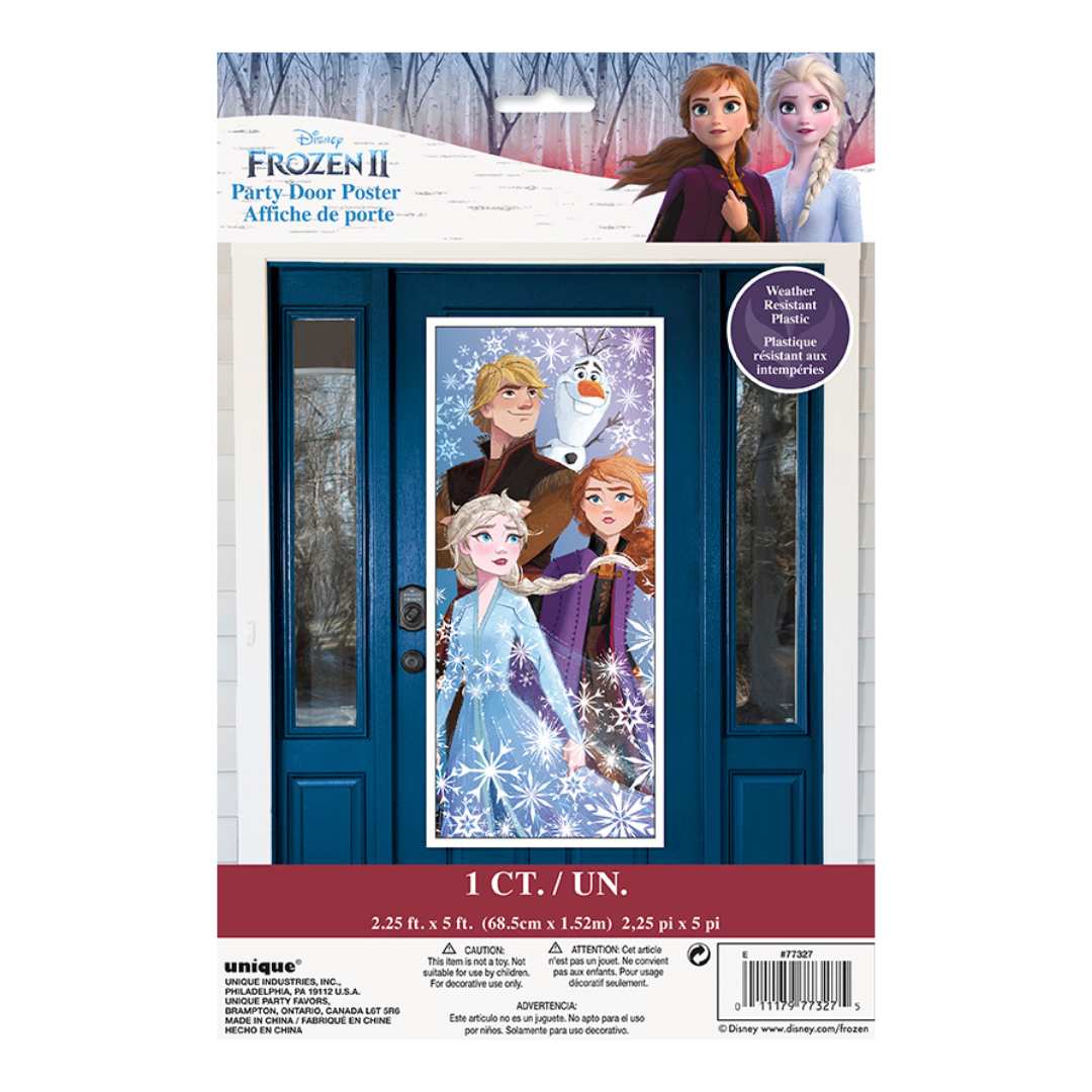 Blue Frozen 2 party door poster with Elsa Anna Kristoff and Olaf for birthday theme from Parte Haus party supply store in Bethesda Maryland