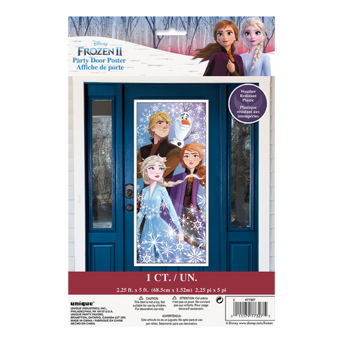 Blue Frozen 2 party door poster with Elsa Anna Kristoff and Olaf for birthday theme from Parte Haus party supply store in Bethesda Maryland