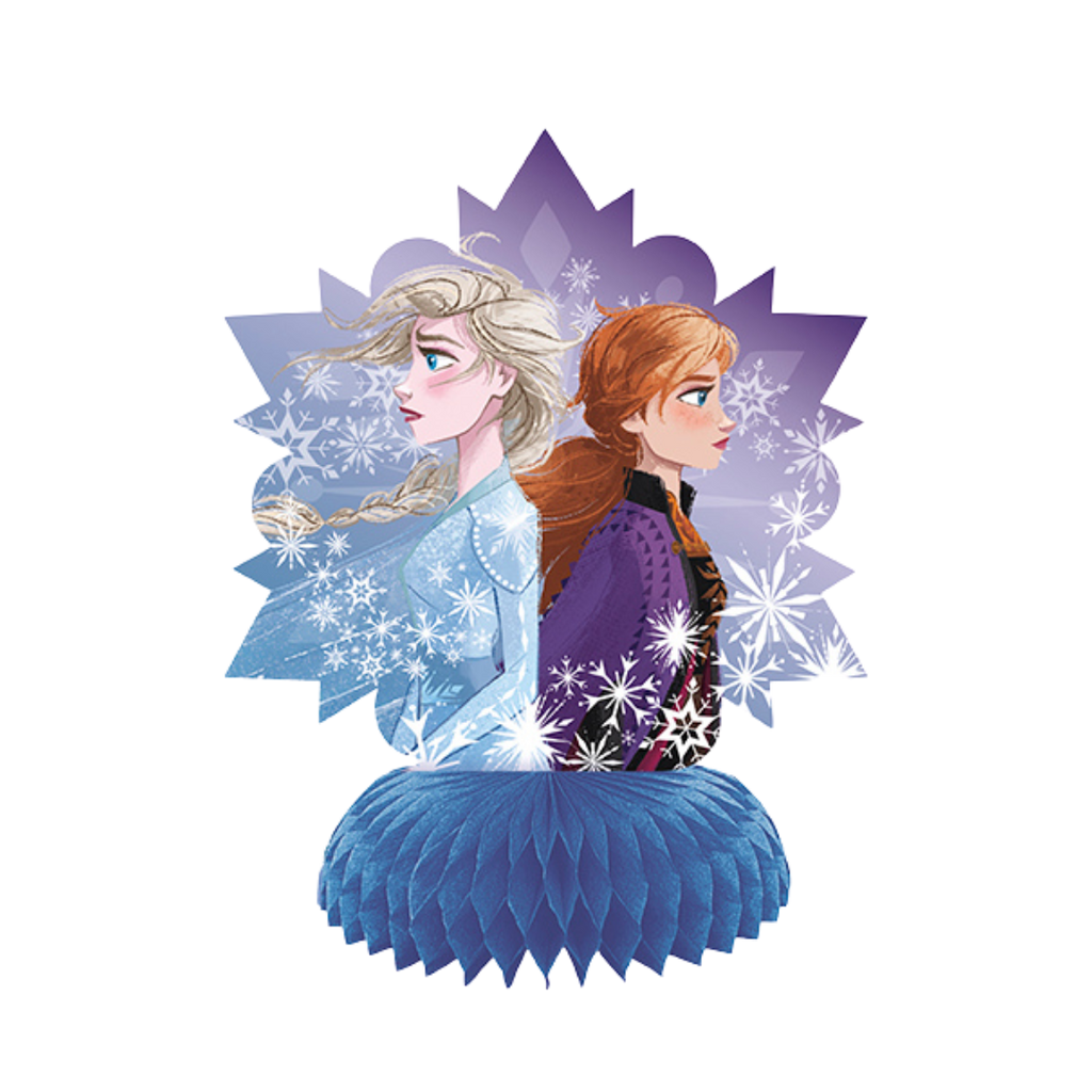 Blue and purple Frozen table centerpiece with two characters and snowflakes for birthday from Parte Haus party supply store in Bethesda Maryland