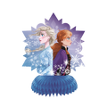 Blue and purple Frozen table centerpiece with two characters and snowflakes for birthday from Parte Haus party supply store in Bethesda Maryland