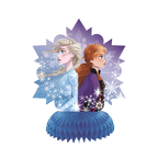 Blue and purple Frozen table centerpiece with two characters and snowflakes for birthday from Parte Haus party supply store in Bethesda Maryland