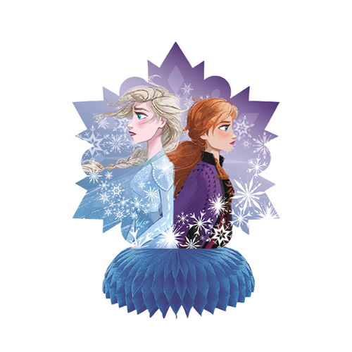 Blue and purple Frozen table centerpiece with two characters and snowflakes for birthday from Parte Haus party supply store in Bethesda Maryland