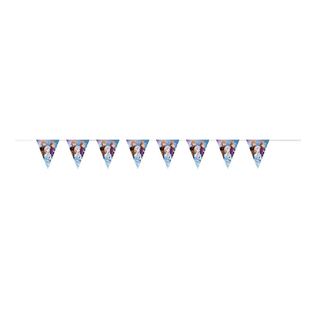 Blue Frozen pennant banner with character illustrations for birthday decoration from Parte Haus party supply store in Bethesda MD