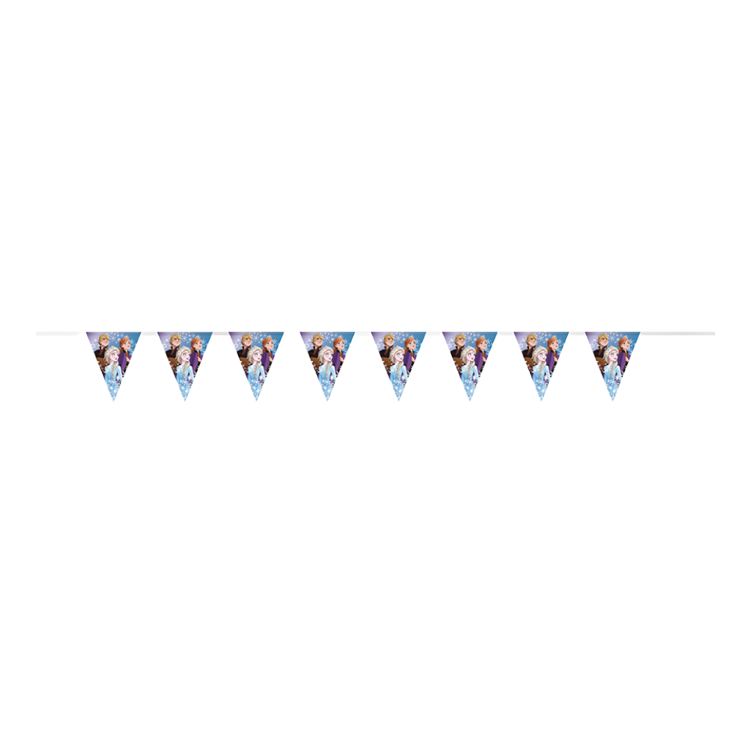 Blue Frozen pennant banner with character illustrations for birthday decoration from Parte Haus party supply store in Bethesda MD