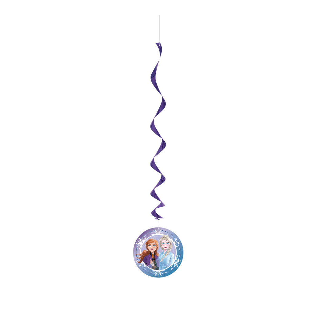 Blue Frozen swirl hanging decoration with character print for birthday from Parte Haus party supply store in Bethesda MD.