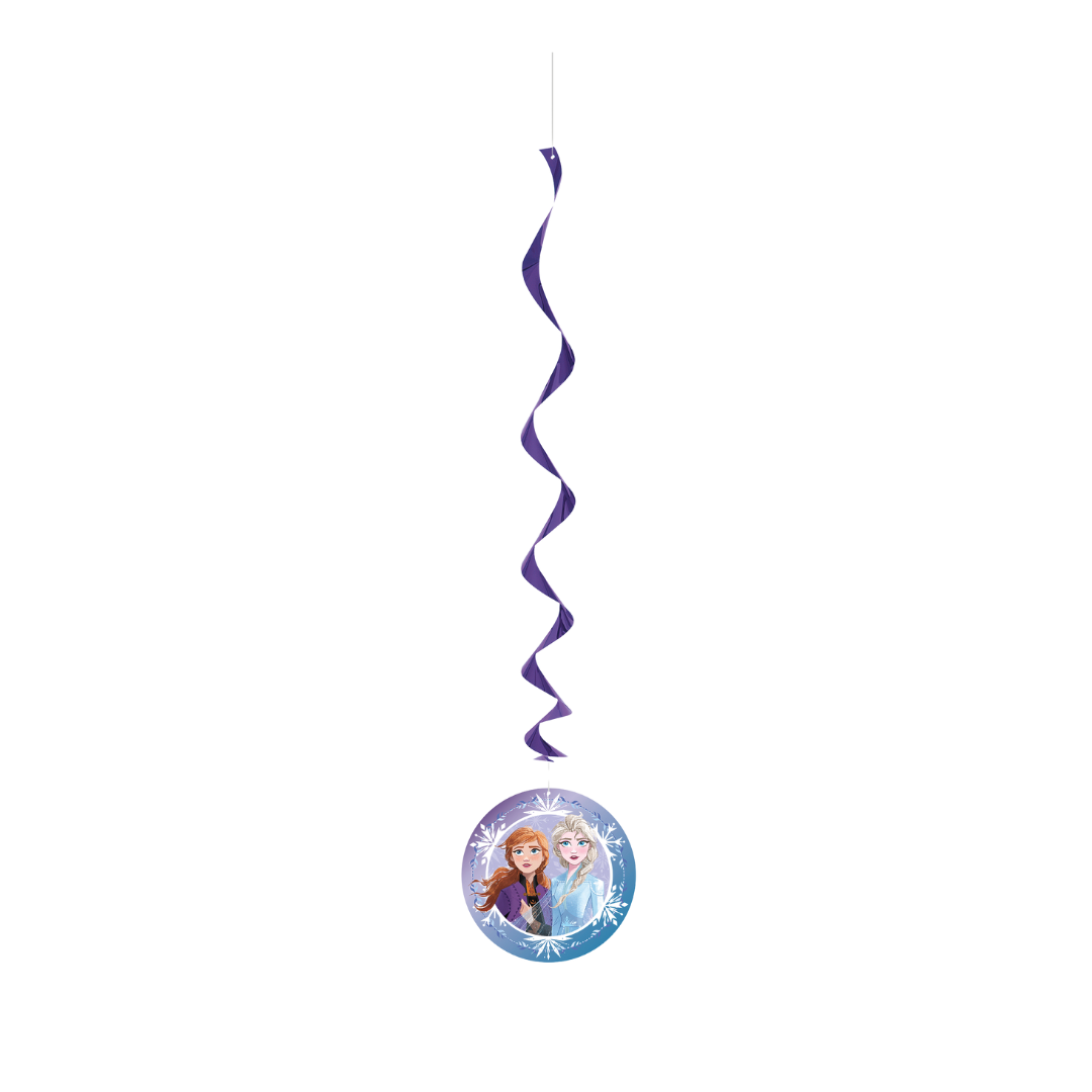 Blue Frozen swirl hanging decoration with character print for birthday from Parte Haus party supply store in Bethesda MD.
