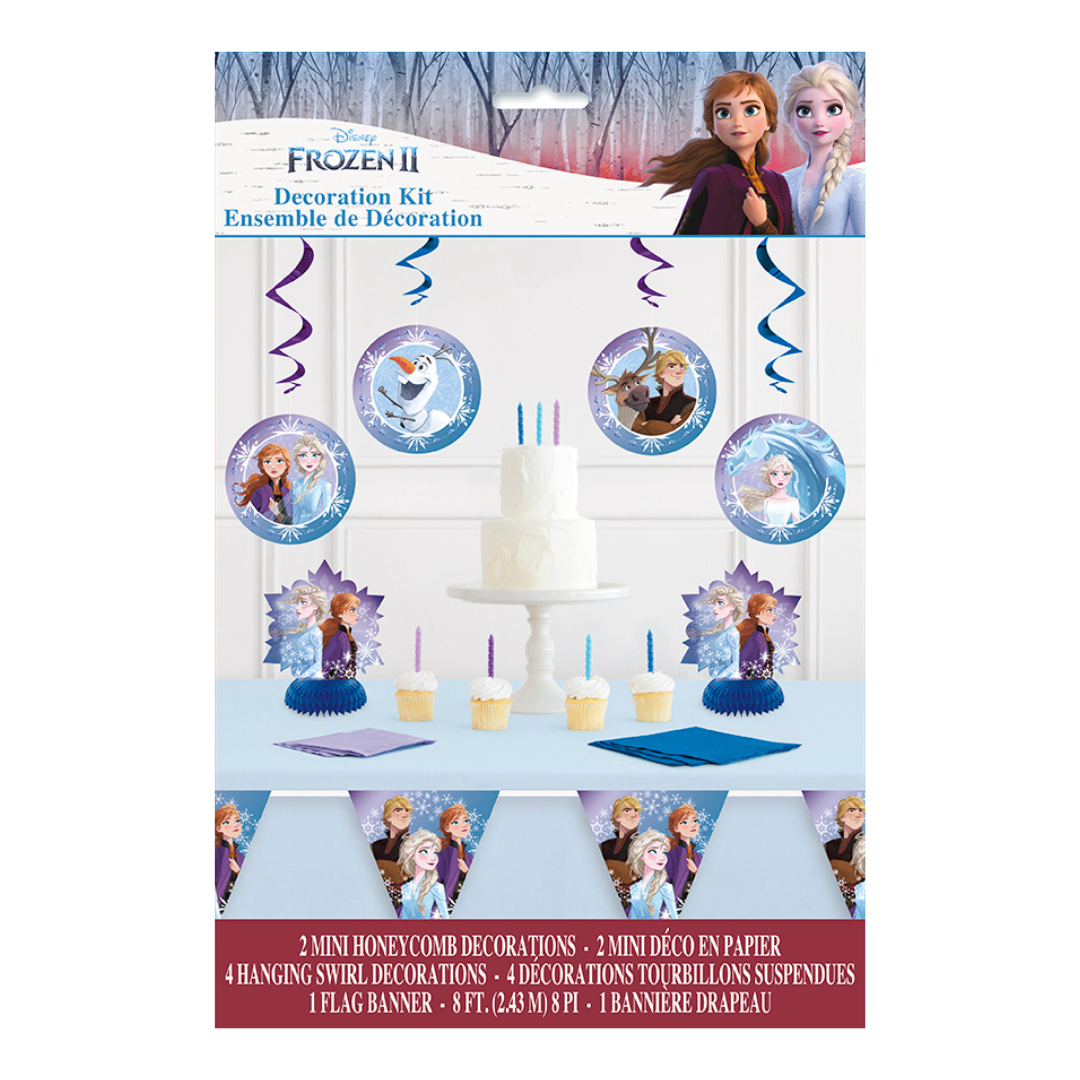 Frozen II blue decoration kit with swirl and honeycomb decor for birthday from Parte Haus party supply store in Bethesda MD