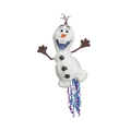 White snowman pinata with stick arms and blue streamers Frozen birthday from Parte Haus party supply store in Bethesda MD