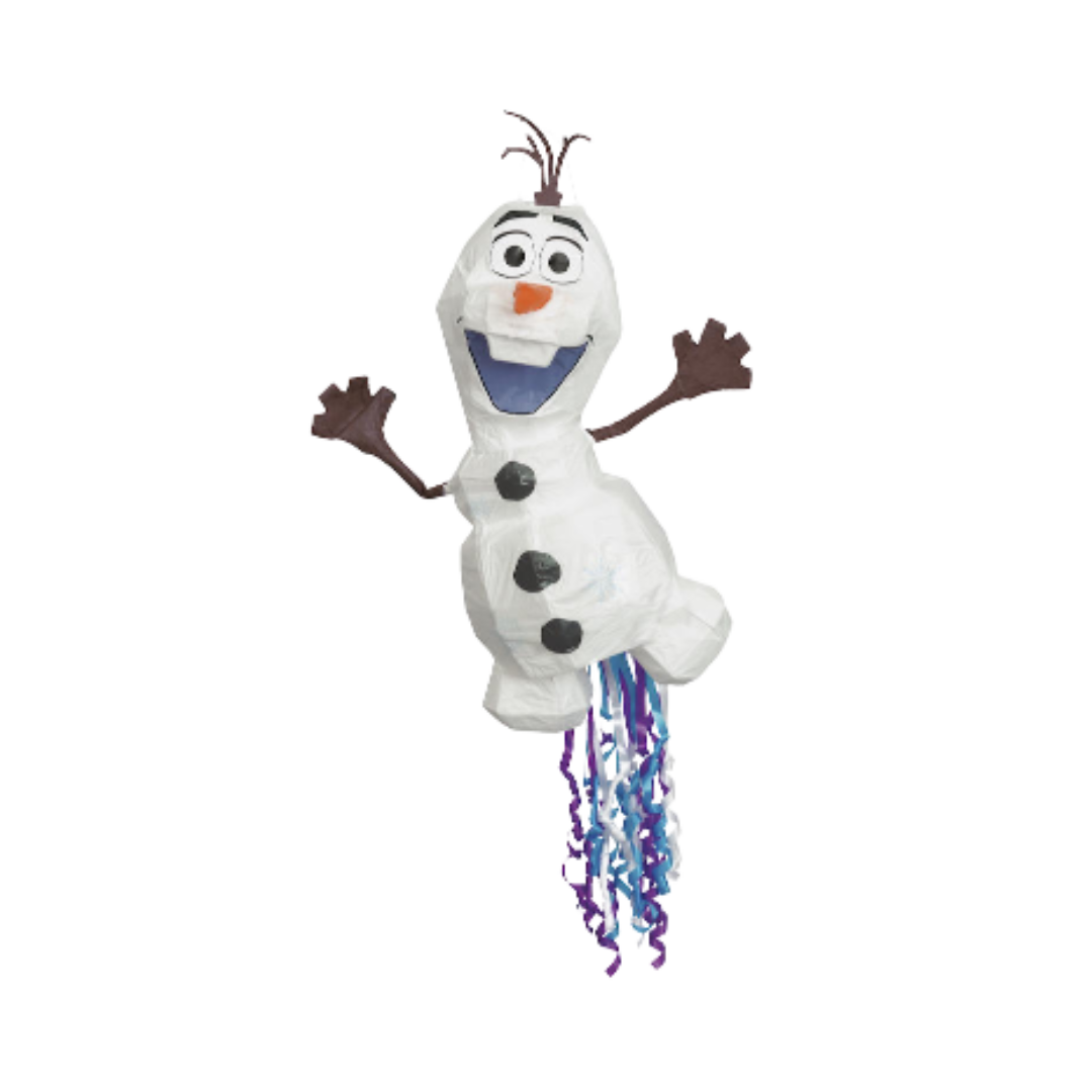 White snowman pinata with stick arms and blue streamers Frozen birthday from Parte Haus party supply store in Bethesda MD