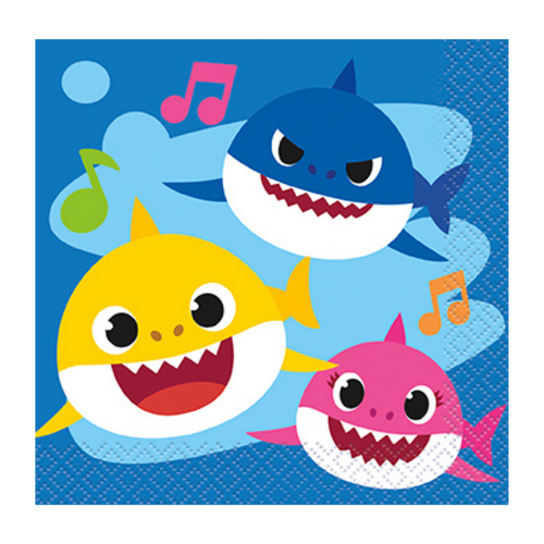 Yellow blue and pink shark birthday napkins with cartoon sharks for kids from Parte Haus party supply store in Bethesda MD