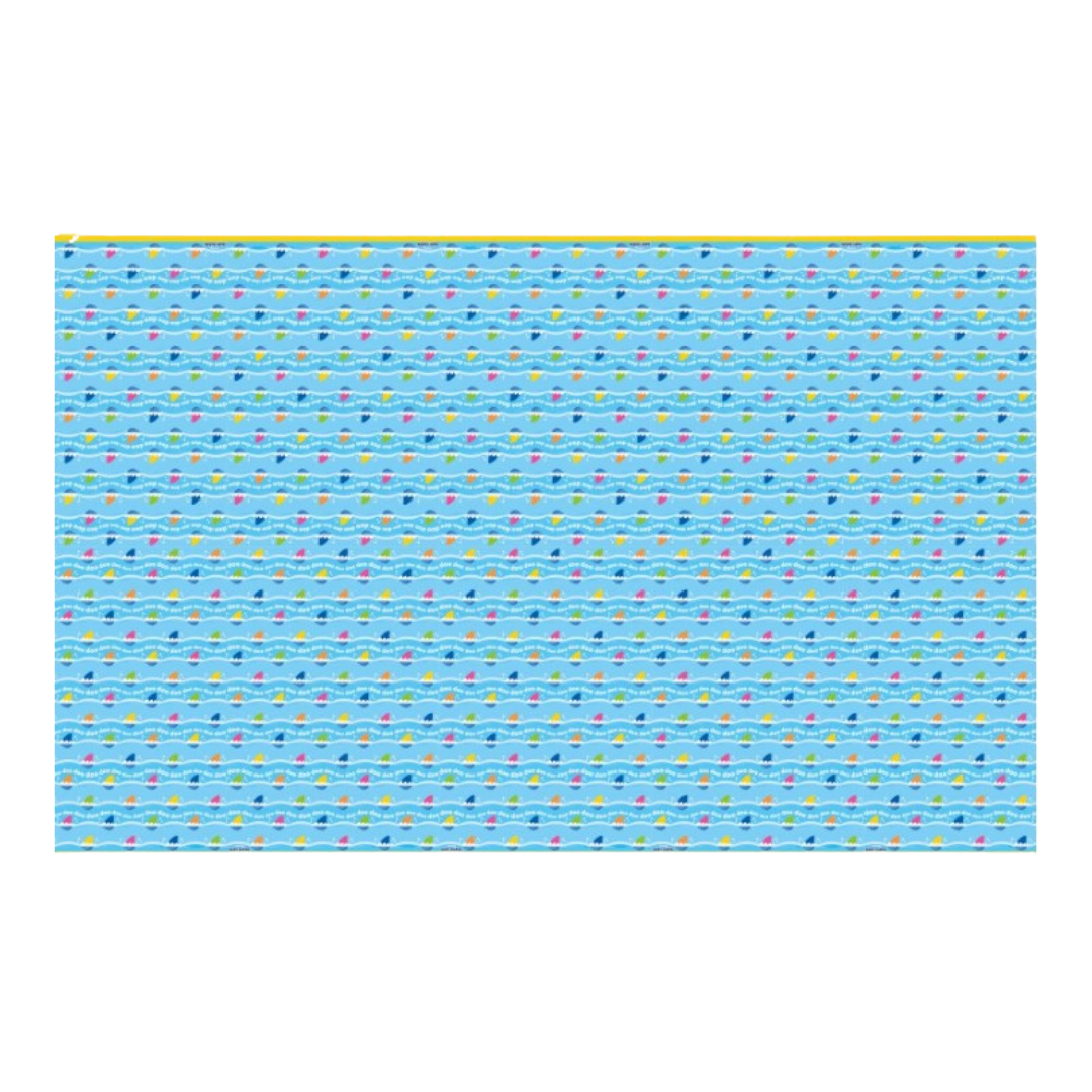 Light blue table cover with colorful bunting design for birthday celebration from Parte Haus party supply store in Bethesda MD