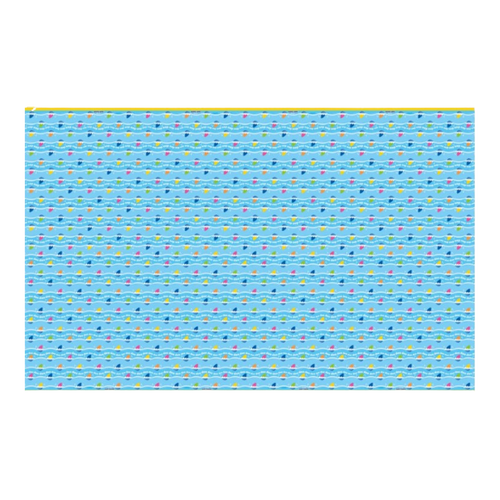 Light blue table cover with colorful bunting design for birthday celebration from Parte Haus party supply store in Bethesda MD