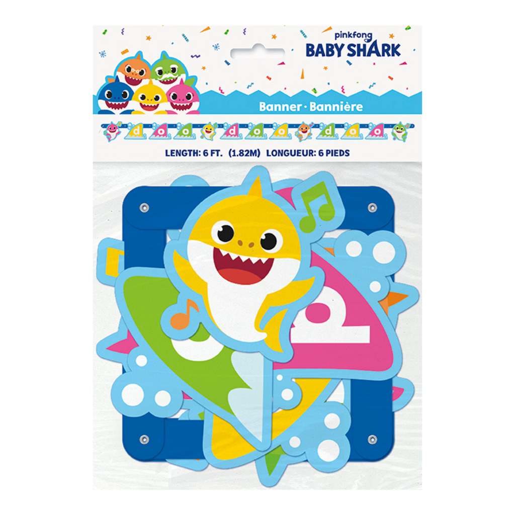 Colorful Baby Shark banner with yellow shark cartoon and musical notes for kids birthday from Parte Haus party supply store in Bethesda MD