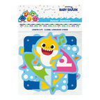 Colorful Baby Shark banner with yellow shark cartoon and musical notes for kids birthday from Parte Haus party supply store in Bethesda MD