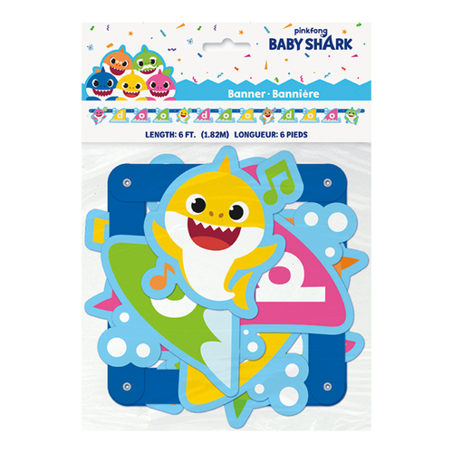 Colorful Baby Shark banner with yellow shark cartoon and musical notes for kids birthday from Parte Haus party supply store in Bethesda MD
