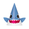 Blue shark birthday cone hat with cartoon face for kids ocean theme from Parte Haus party supply store in Bethesda Maryland