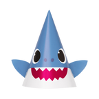 Blue shark birthday cone hat with cartoon face for kids ocean theme from Parte Haus party supply store in Bethesda Maryland