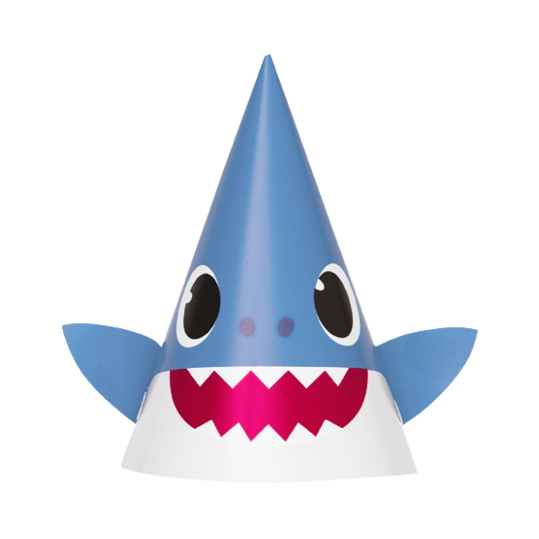 Blue shark birthday cone hat with cartoon face for kids ocean theme from Parte Haus party supply store in Bethesda Maryland