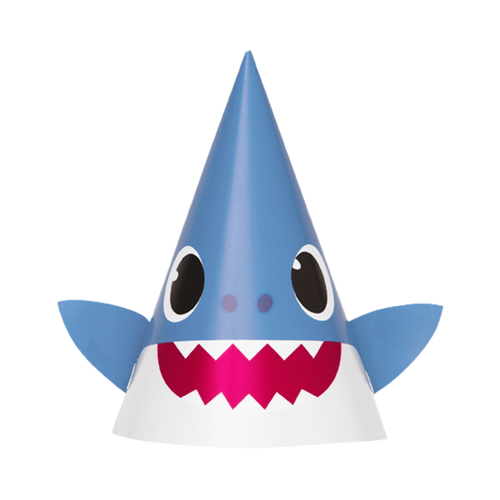 Blue shark birthday cone hat with cartoon face for kids ocean theme from Parte Haus party supply store in Bethesda Maryland