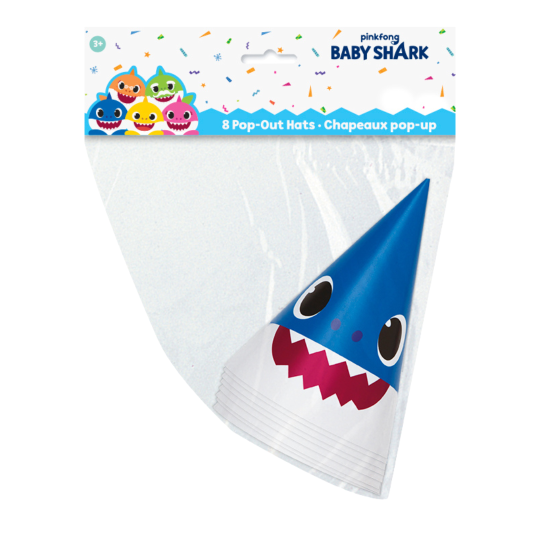 Blue Baby Shark cone hats with shark face for kids birthday from Parte Haus party supply store in Bethesda MD