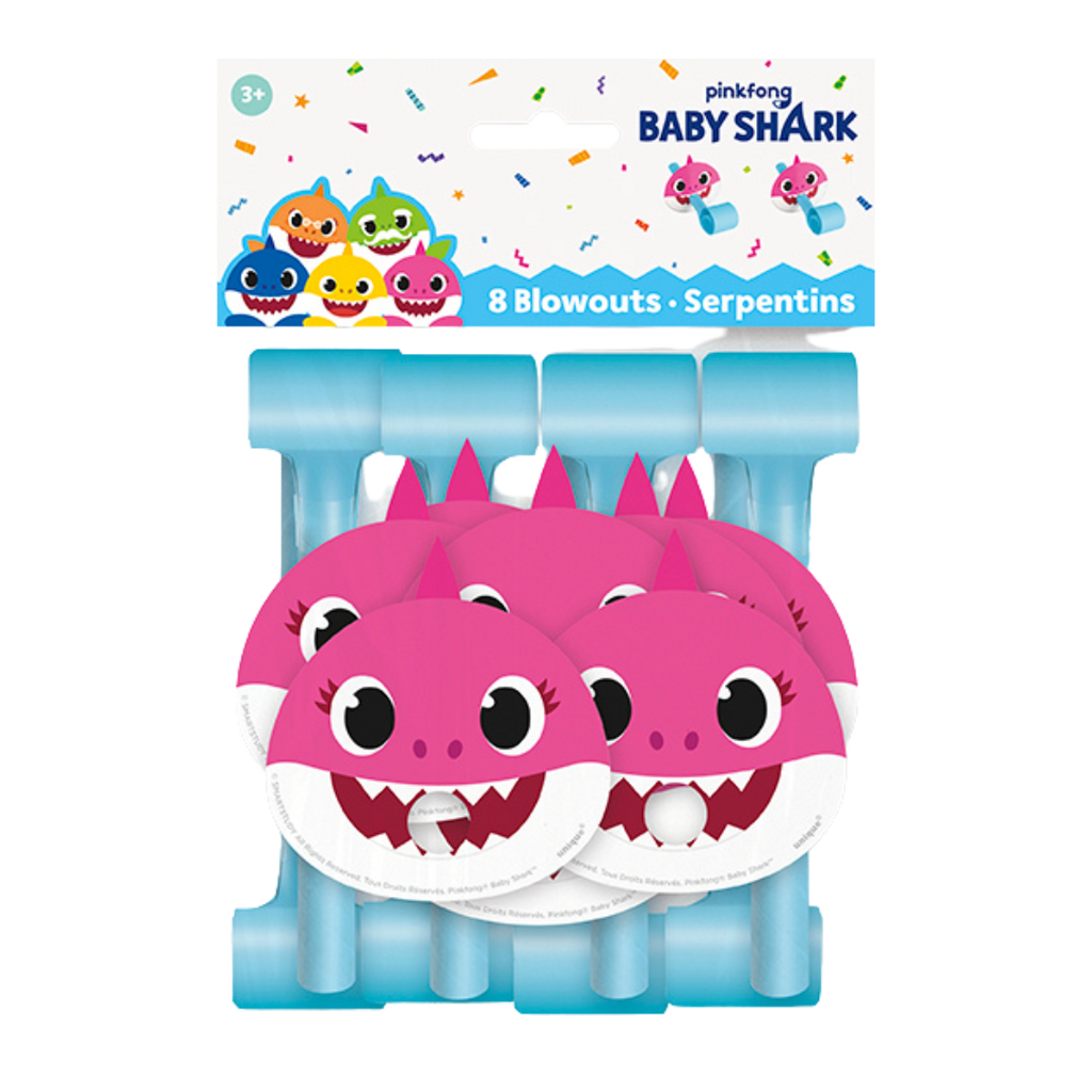 Blue and pink Baby Shark blowouts with cartoon shark face for birthday from Parte Haus party supply store in Bethesda MD