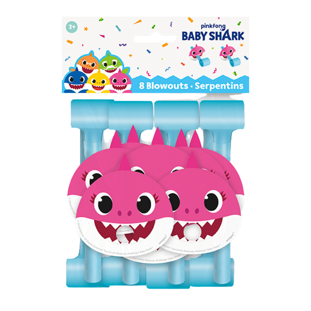 Blue and pink Baby Shark blowouts with cartoon shark face for birthday from Parte Haus party supply store in Bethesda MD