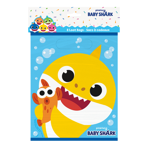 Blue and yellow Baby Shark loot bag with cartoon shark and bubbles birthday theme from Parte Haus party supply store in Bethesda MD
