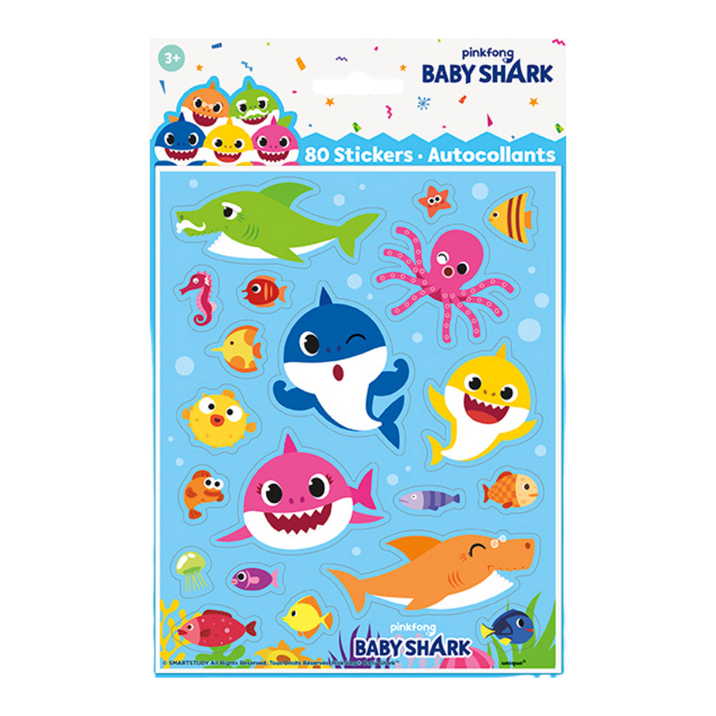 Colorful Baby Shark sticker sheet with sea animals for kids ocean theme from Parte Haus party supply store in Bethesda MD