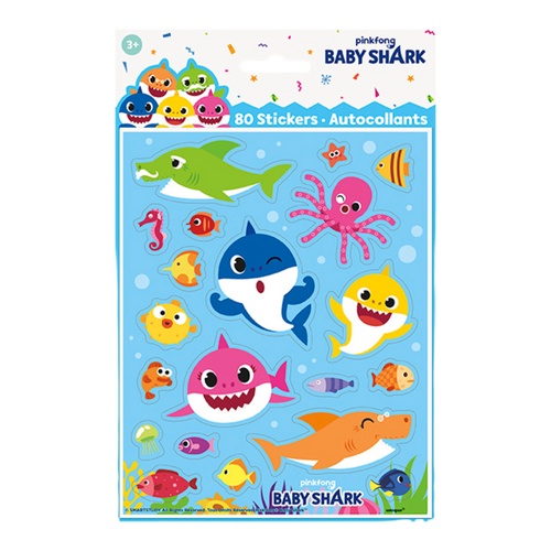 Colorful Baby Shark sticker sheet with sea animals for kids ocean theme from Parte Haus party supply store in Bethesda MD