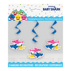 Colorful Baby Shark hanging decorations with cartoon sharks for kids birthday from Parte Haus party supply store in Bethesda MD.