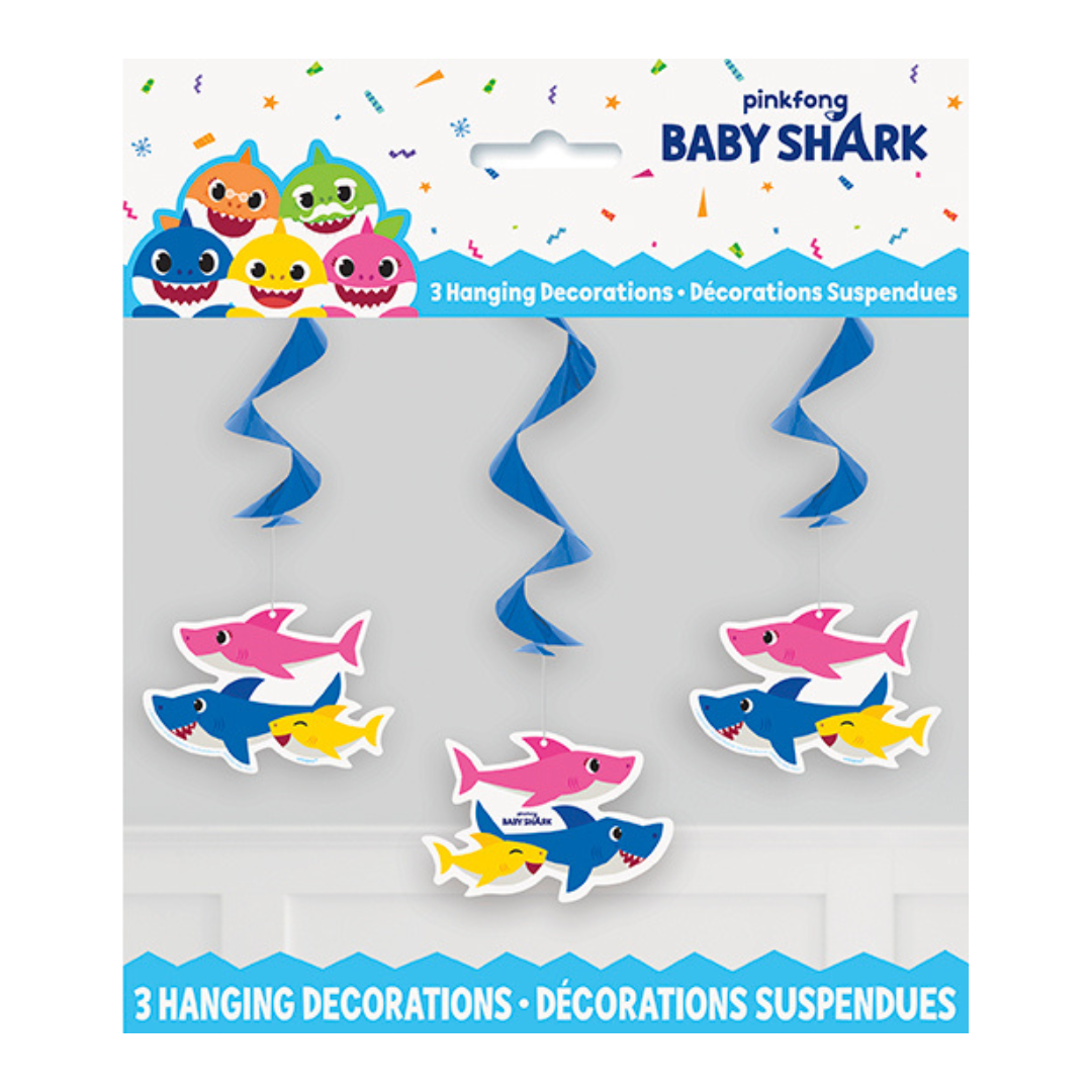 Colorful Baby Shark hanging decorations with cartoon sharks for kids birthday from Parte Haus party supply store in Bethesda MD.