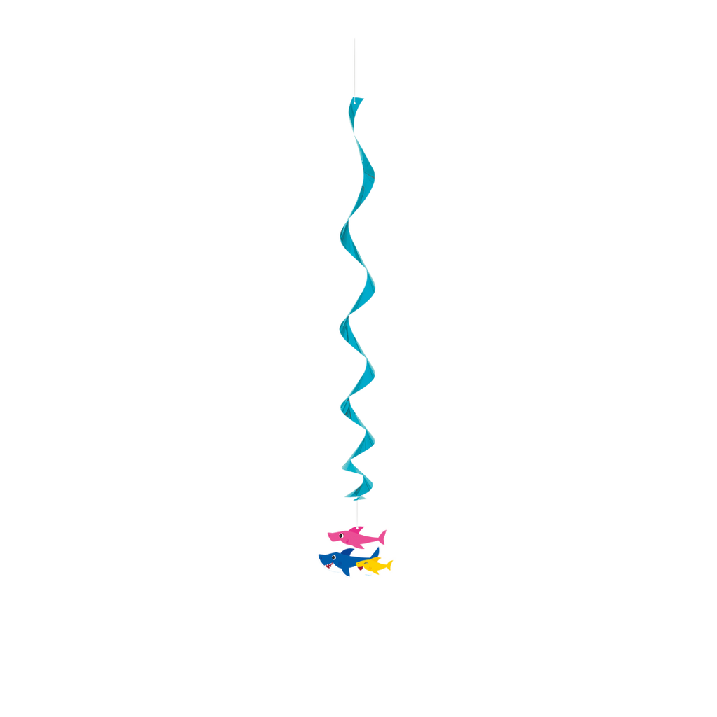 Blue swirl hanging decoration with colorful shark cutouts ocean theme from Parte Haus party supply store in Bethesda MD