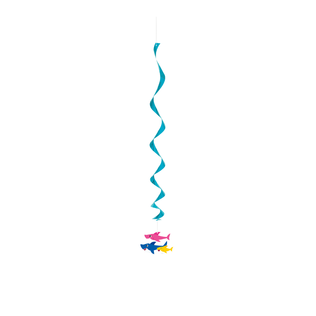 Blue swirl hanging decoration with colorful shark cutouts ocean theme from Parte Haus party supply store in Bethesda MD