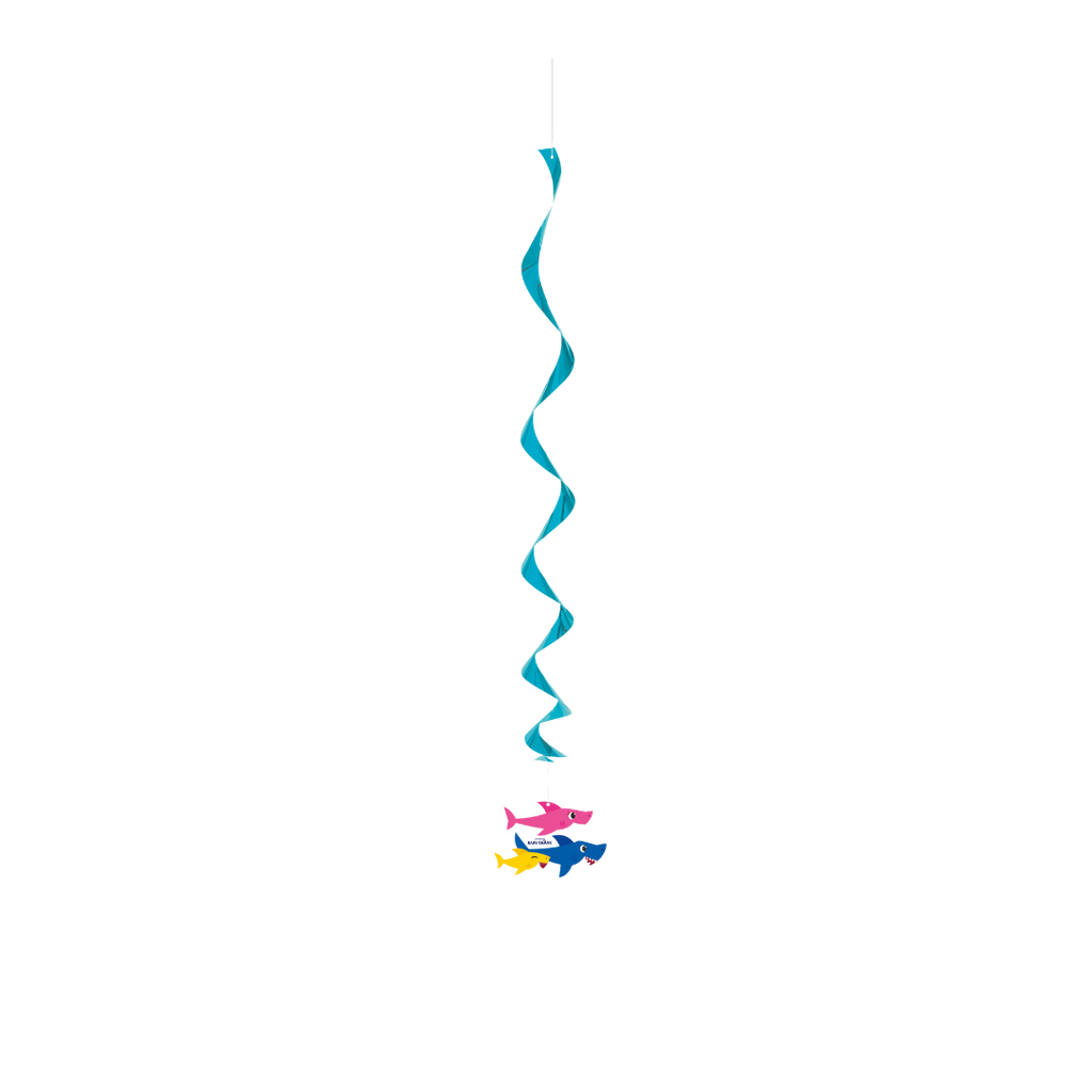 Blue hanging spiral decoration with colorful shark cutouts for kids birthday from Parte Haus party supply store in Bethesda MD