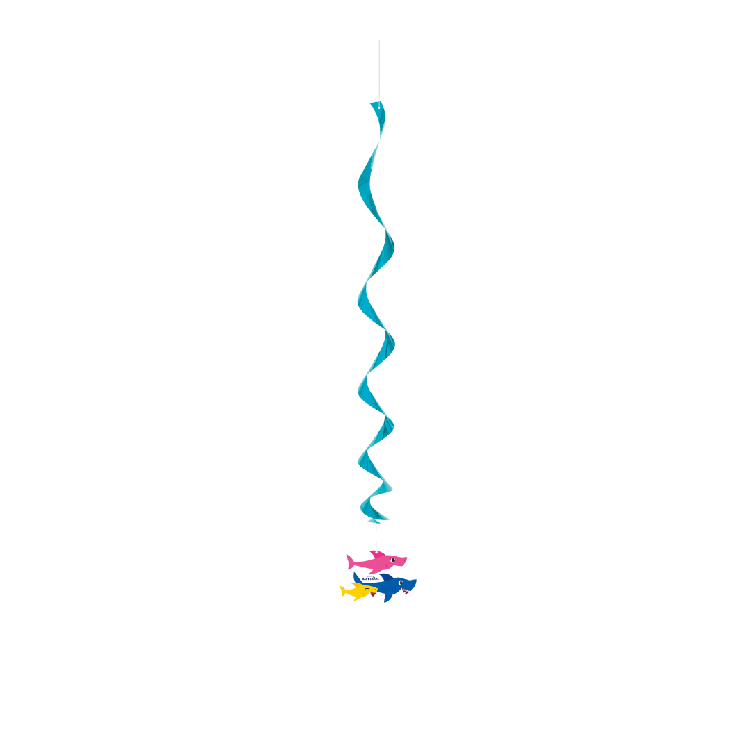 Blue hanging spiral decoration with colorful shark cutouts for kids birthday from Parte Haus party supply store in Bethesda MD