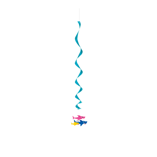 Blue hanging spiral decoration with colorful shark cutouts for kids birthday from Parte Haus party supply store in Bethesda MD