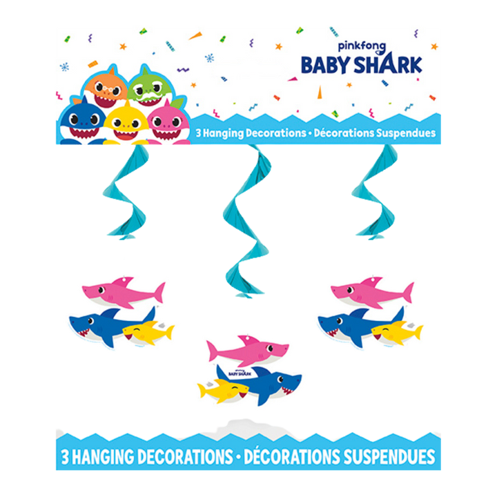 Blue Baby Shark Hanging Swirl Decorations - 3 Pcs