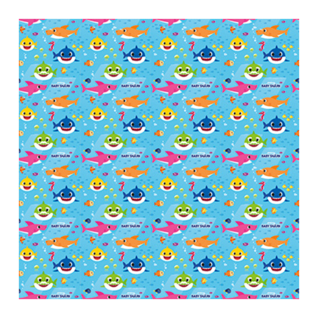 Blue baby shark wrapping paper with colorful cartoon sharks for kids birthday from Parte Haus party supply store in Bethesda MD