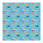 Blue baby shark wrapping paper with colorful cartoon sharks for kids birthday from Parte Haus party supply store in Bethesda MD