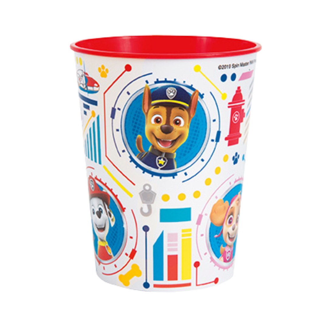 Multicolor Paw Patrol plastic cup with character faces for kids birthday from Parte Haus party supply store in Bethesda Maryland