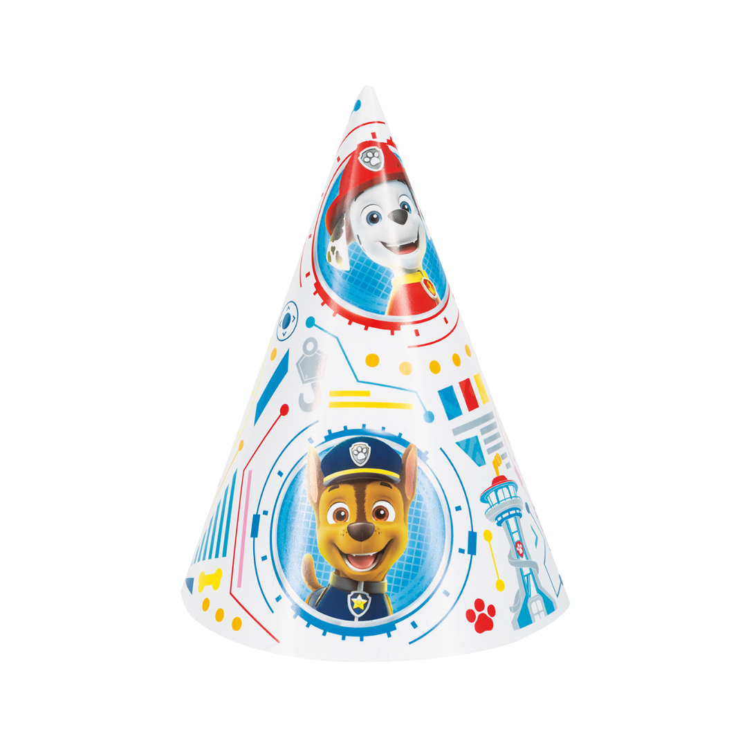 White Paw Patrol cone party hat with cartoon dog faces for kids birthday from Parte Haus party supply store in Bethesda MD