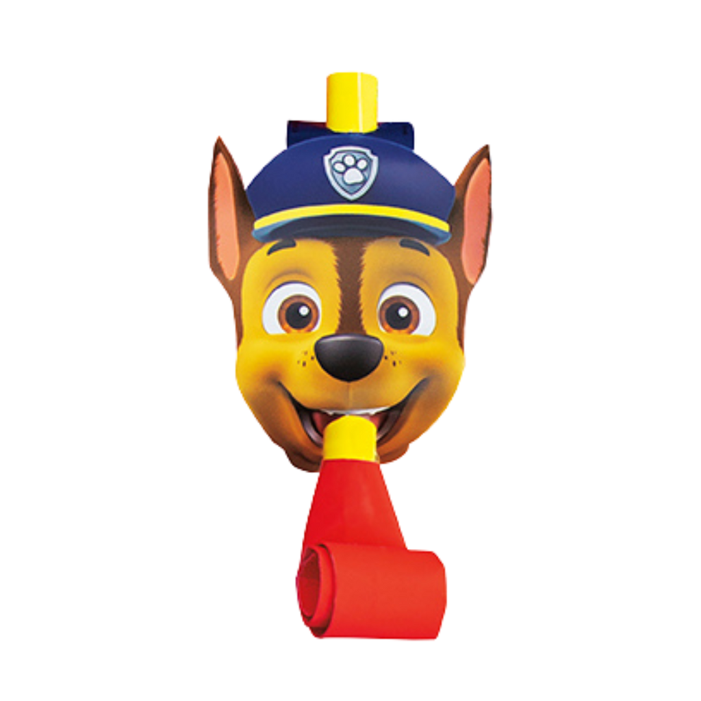 Blue and yellow Paw Patrol blowout favor with cartoon dog face for kids birthday from Parte Haus party supply store in Bethesda MD